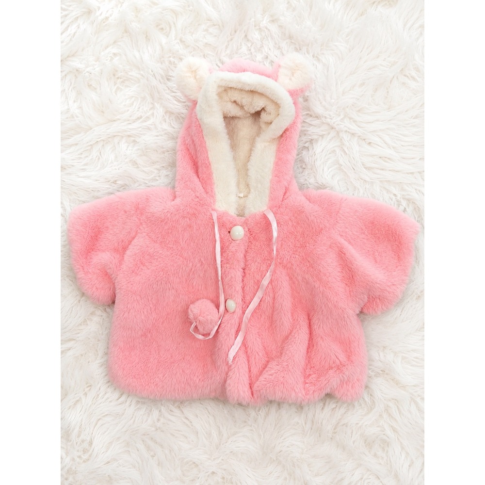 Faux Fur Poncho Baby Girls 12-18M Pink Bear Ear Hooded Cape Coat Winter Soft